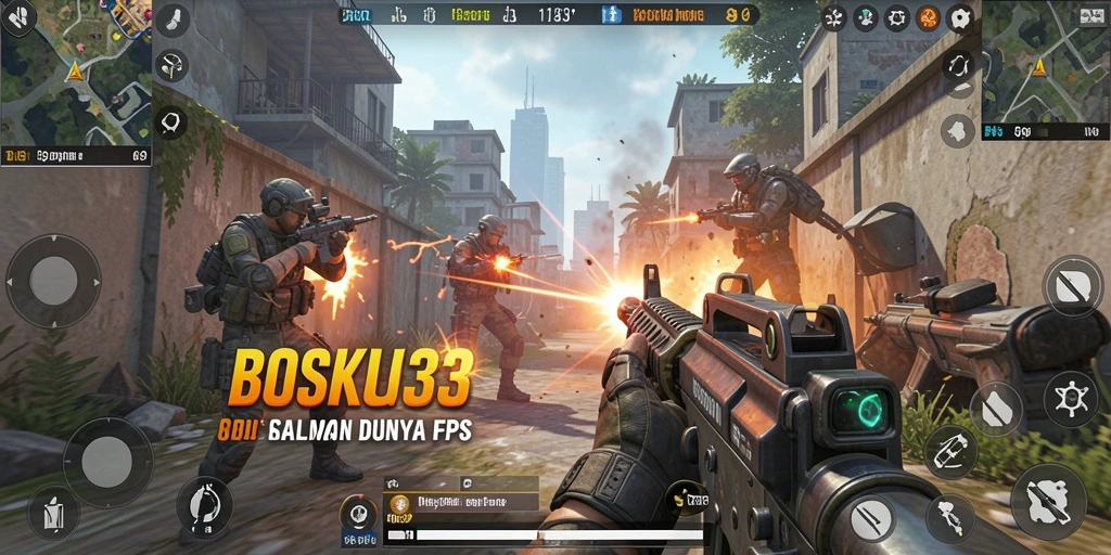 Screenshot menunjukkan aksi seru dalam gameplay BOSKU33 di arena FPS.