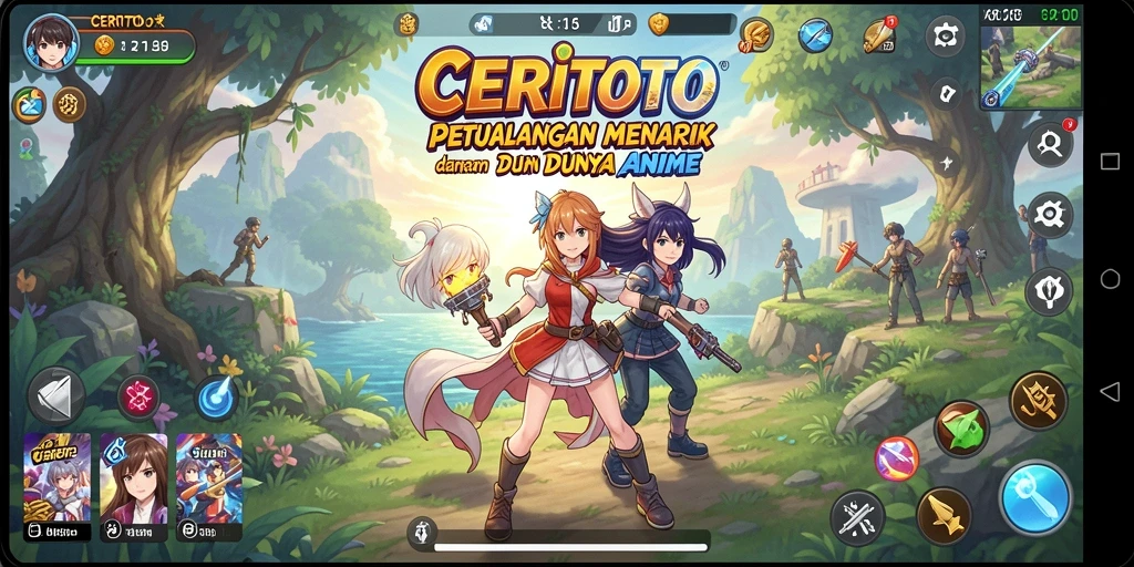 Screenshot gameplay CERITOTO menampilkan karakter anime yang beraksi di tengah pertempuran epik.