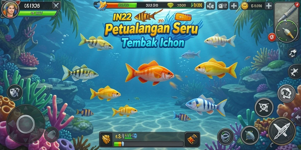 Screenshot gameplay IN22 yang menunjukkan aksi menembak ikan.