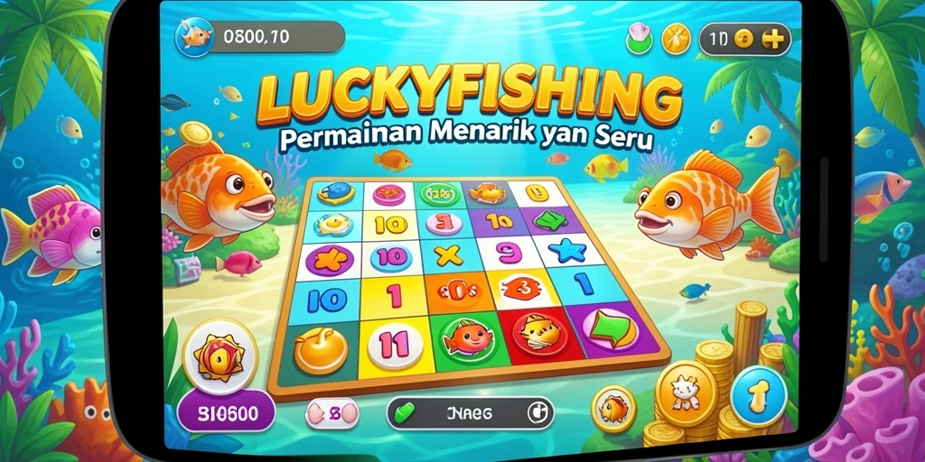 Tampilan gameplay LUCKYFISHING yang seru dan penuh warna di layar.