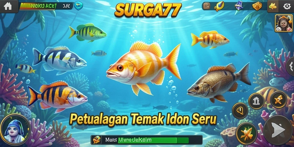 Screenshot utama SURGA77 memperlihatkan aksi seru menembak ikan di lautan.
