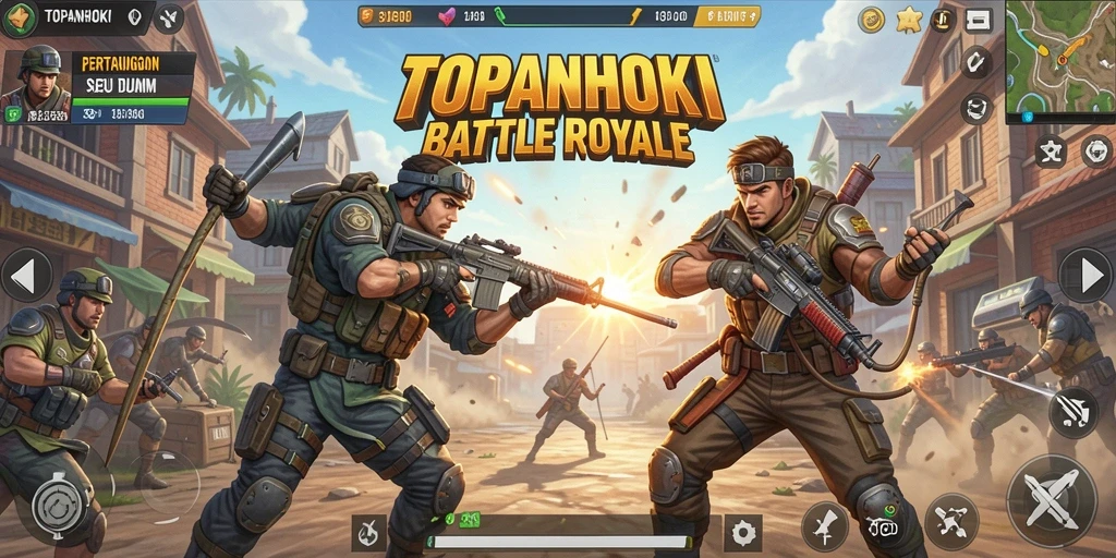 Screenshot menunjukkan pemain bertarung di arena Battle Royale yang mendebarkan.